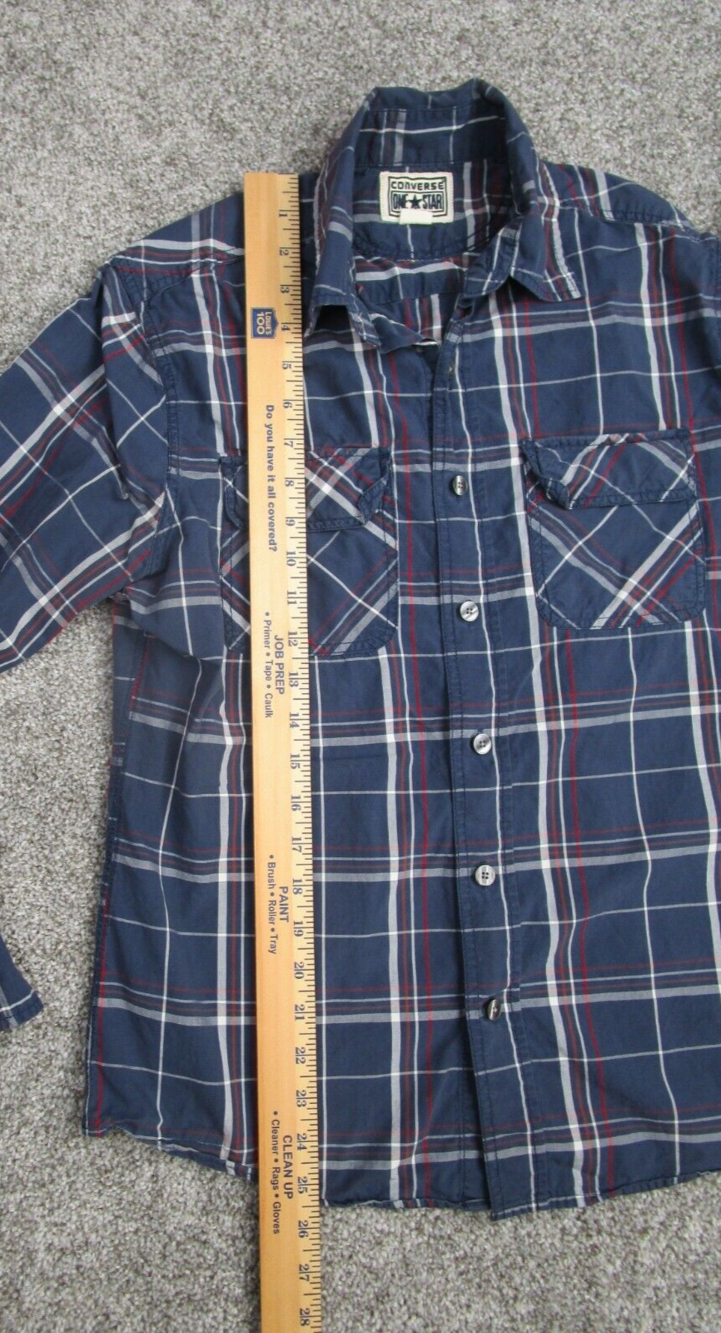 Converse Shirt Men Small Blue Plaid One Star Long Sleeve Cotton Skater Grunge - Picture 12 of 13